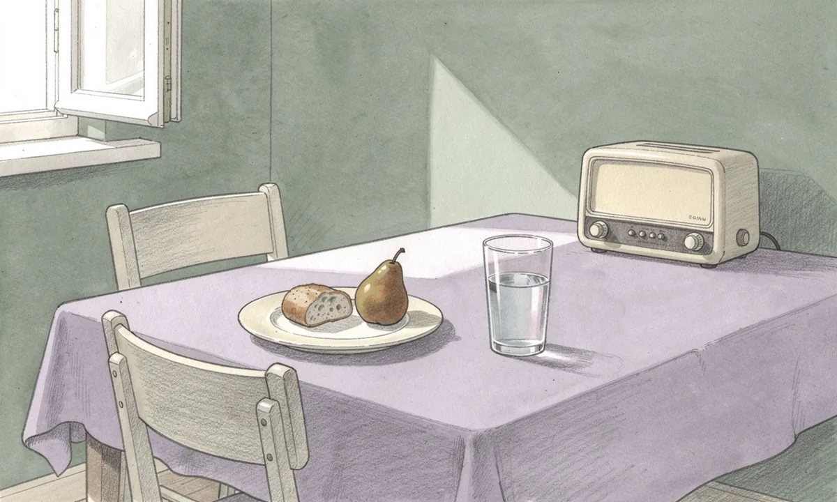 An illustrated lunch table with a plate, fruit and a silent kitchen radio