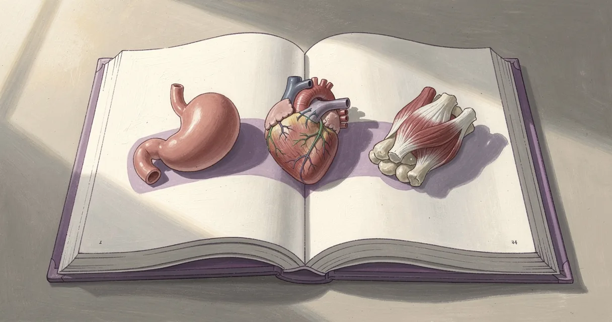 Painted stomach, heart and muscle models resting across an open book with broad lavender margins