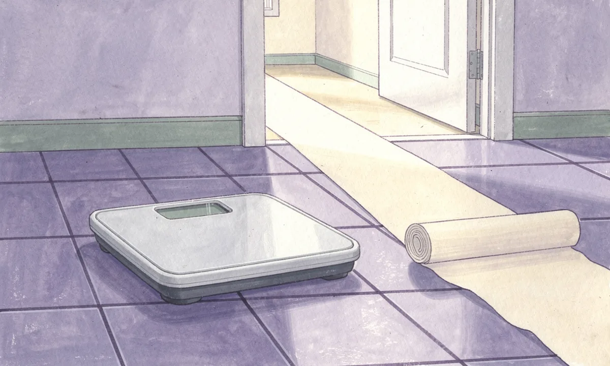 An illustrated bathroom scale sits beside a paper roll that continues through an open doorway